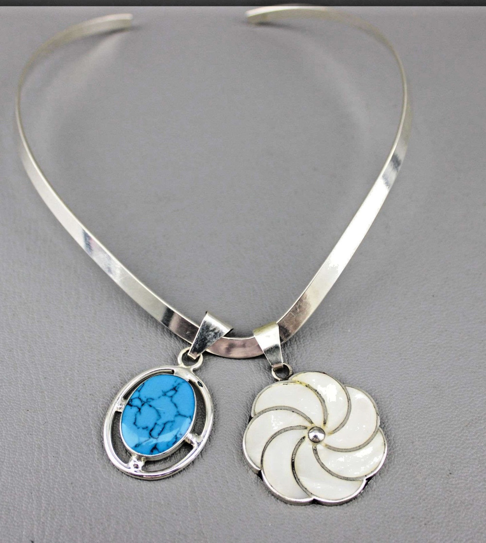 Vintage Mexico 925 Sterling Silver Collar Choker Necklace Turquoise MOP Pendants